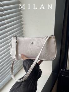 Bolso baguette de unicolor con relieve de cocodrilo para llevar bajo el brazo - Beis - Ver 3