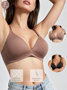 2 Buah Bra Wanita Model V-Neck Nyaman Tanpa Kawat dengan Cup Lembut, Warna Polos - MultiWarna - View 2