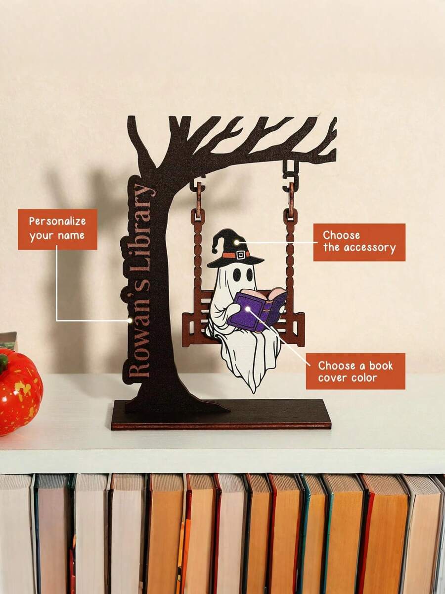 1pc Customizable Wooden Ghost Book Tree Stand Decor, Chilling Ghost On Swing - Cute Ghost Decoration, Library Sign, Adopt A Ghost, Reading Decor, Halloween Decor, Autumn Decor, Book Lover Gift, Desk Ornament
