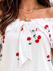 Plus Size Cherry Print Cute Off-Shoulder Top With Belt Bow Decor And Ruffle Hem, Autumn Daily Wear - Multicolor - View 4