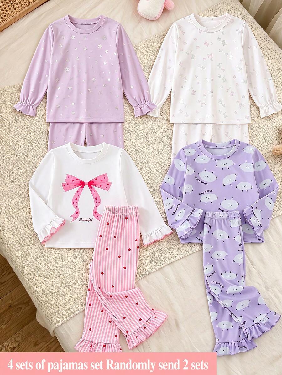 [4 Sets Of Pajamas Set Randomly Send 2 Sets] Cute Baby Girl Long-Sleeve And Pants Set, Bow And Star Heart-Shaped Knit Home Set - Multicolor - View 1
