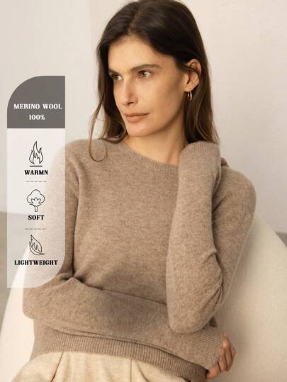 Suéter de mujer 100% lana merino 2026 otoño nueva ropa de mujer cuello redondo suéter de punto sin costuras de una pieza otoño/invierno suéter de punto de lana ropa nueva de otoño para mujer suéter de lana manga larga top básico camiseta interior ropa de invierno para mujer ropa de oficina para mujer suéter de otoño para mujer suéter marrón top de manga larga para mujer