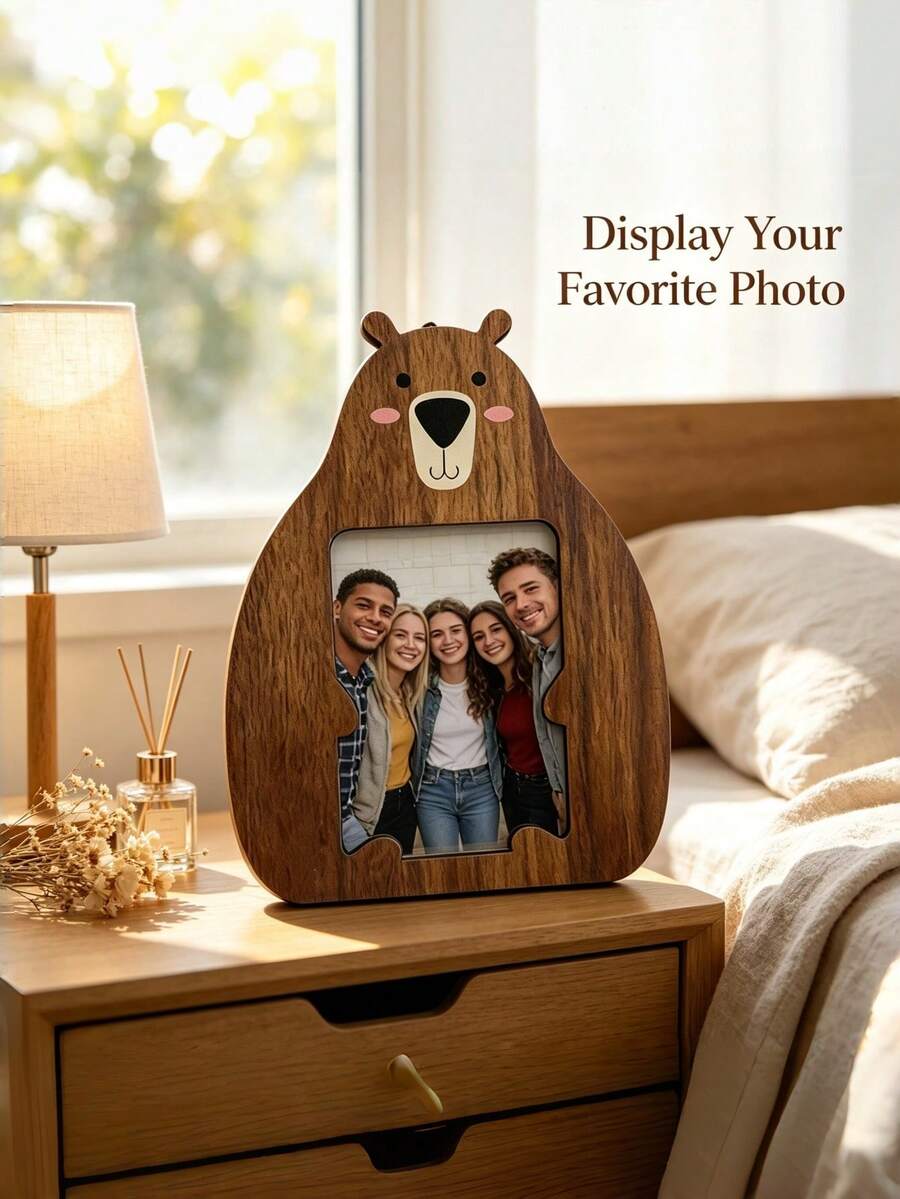 Cross-Border Cute Animal Wooden Photo Frame: Creative Bear Design, Solid Wood Texture - Excellent Home Desktop Decor Wooden Photo Frame: Creative Bear Design, Solid Wood Texture - Home Desktop Decor Ornament - Wooden Bear Photo Frame - View 1