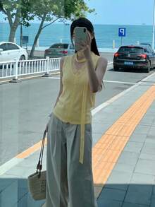 RUIWY Elegant Women's Sleeveless Knit Vest, V-Neck Design, Colorblock Lace Accents, Regular Fit Fall Yellow - Yellow - View 5
