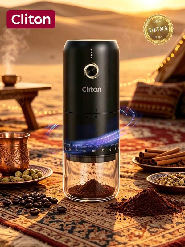 CLITON مطحنة قهوة كهربائية محمولة صغيرة، مطحنة مسحوق موحدة بأسنان سيراميك قابلة للتعديل مع مؤشر طاقة Type-C وتحكم بلمسة واحدة، مثالية لركن القهوة المنزلي والتخييم في الصحراء والسفر، هدية قهوة أنيقة للعطلات