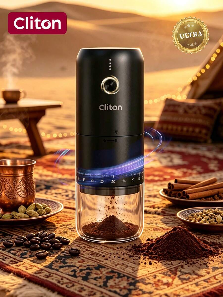 CLITON Penggiling Kopi Elektrik Mini Portabel, Pelat Penggiling Keramik yang Dapat Diatur untuk Penggilingan Merata, Lampu Indikator Daya Tipe-C, Kontrol Satu Sentuhan, Cocok untuk Pojok Kopi di Rumah, Berkemah dan Bepergian, Hadiah Kopi Liburan yang Elegan