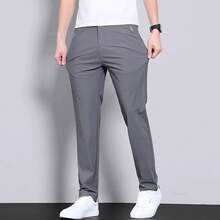 Ultra-Thin Elastic Men's Casual Trousers Summer Quick-Drying Ice Silk Slim Straight Business Solid Color Trousers Black Gray - Light Grey - View 4