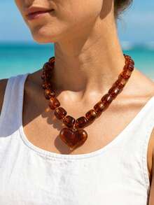 1pc European & American Bohemian Acrylic Geometric Square Multicolor Beaded Necklace With Heart Pendant, Women's Necklace For Summer Beach Vacation - Square Beaded Heart Necklace - View 5