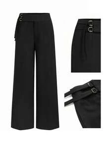 Women's Elegant High Waist Double Ring Buckle Pleated Wide Leg Suit Pants - Black - View 9