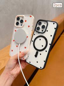 2pcs Heart Magnetic Matte TPU Shockproof Full Coverage Protective Phone Case Compatible With Apple 11/12/13/14/15/16/17 Pro Max - Clear - View 5
