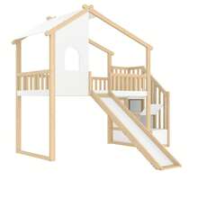 High Bed Frame, 90x200cm, With Storage And Slide - Natural+ White - Natural and White - View 9