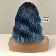 Women's Short Curly Wig (Blue-Grey Gradient, With Bangs) - Synthetic Fiber Wig Suitable For Daily Wear, Cosplay And Party; Features Rose Inner Net Design, Voluminous And Naturally Blended; Wavy Curl Style, Suitable For Halloween, Music Festival And Other Occasions, Fits Multiple Skin Tones - Blue Ombre - View 5