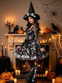 Juego de 3 piezas de disfraz de bruja de calabaza plateada de Halloween, incluye falda de malla estampada + escoba de bruja + sombrero puntiagudo, conjunto de vestido de pequeña bruja, adecuado para eventos de Halloween, fiestas temáticas, bailes de disfraces, actuaciones en el escenario, juegos de rol y disfraces - multicolor - Ver 9