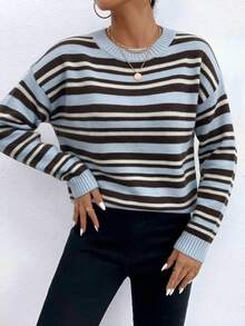 Women's Striped Crew Neck Long Sleeve Pullover Sweater, Casual Ribbed Knit Medium Stretch Top, Suitable For Autumn/Winter Wear - Blue - View 6
