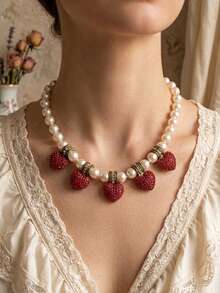 1pc French Vintage White Faux Pearl Necklace With 5 Red Rhinestone Heart Decor, Adjustable Extension Chain, Women's Date Night Dress Accessory, Holiday Gift Necklace - Multicolor - View 3