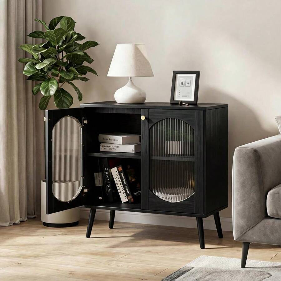 Techigher Sideboard Kitchen Storage Cabinet With 2 Glass Doors, Modern Buffet Cupboard & Side Table For Dining Room, Entryway Console Cabinet For Living Room, 80x39x80.5cm - Multicolor - View 1