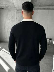 GRDR Men's Vintage Contrast Color Versatile Collared Vertical Striped Knit Long Sleeve - Casual Everyday Wear - Black - View 6