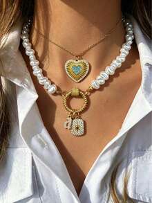 1pc Elegant Women's Baroque Pearl Necklace - Letter Pendant; Octagonal Star. Heart-Shaped Necklace. High-End Vintage, Suitable As A Holiday Gift For Women - Gold - View 1