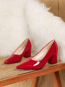 Women's Classic Pointed Toe Chunky Heel Slip-On Pumps, Breathable High Heels, Comfortable & Elegant Work/Commute Shoes - Burgundy - View 4