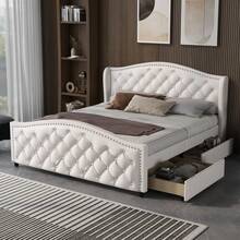 Bed Frame 160 X 200 Cm - With Slatted Base, 2 Drawers And Headboard With Hook Points – Wood & Faux - 白色 - 查看 2