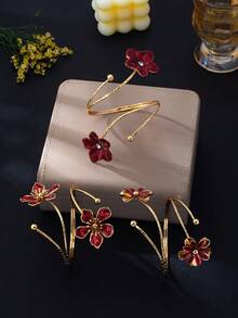 1pc/3pcs Vintage Burgundy Oil Drop Flower Open Cuff Bracelet, Luxury Multi-Layer Petal Adjustable Bangle, Niche Aesthetic Jewelry - Burgundy - View 4