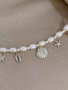 GARMEND 1 buah Gelang Wanita Minimalis Motif Kerang dan Bintang Laut dengan Mutiara Imitasi, Perhiasan Pantai Sehari-hari - Perak - View 4