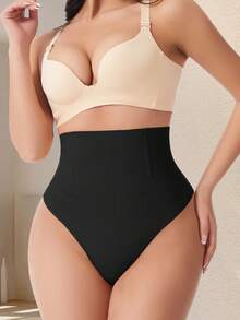 Plus Size High Waist Tummy Control Shaping Thong Panties, High Compression Firming Underwear, Flat Belly, Butt Lift And Shaping Women's Panties - Black - View 8