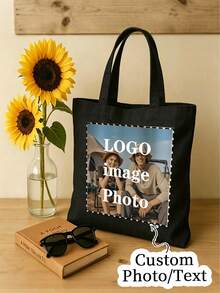 Custom Photo & Text Tote Bag – Personalized, Reusable Shoulder Shopping Bag With Foldable Design (Polyester, Assorted Colors) - Multicolor - View 2