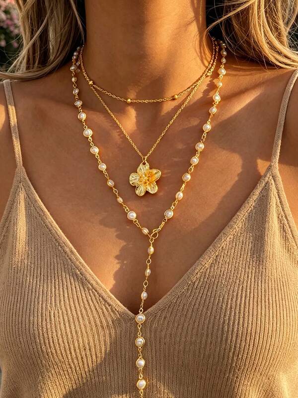2pcs Y-Shaped Necklace Set, Layered Fashion Minimalist Elegant Delicate Vintage Design Geometric Flower Faux Pearl Round Bead Metal Style Simple Chain Pendant Multi-Layer Y-Necklace Set, Holiday Vacation Party Date Gift Daily Commute Wear