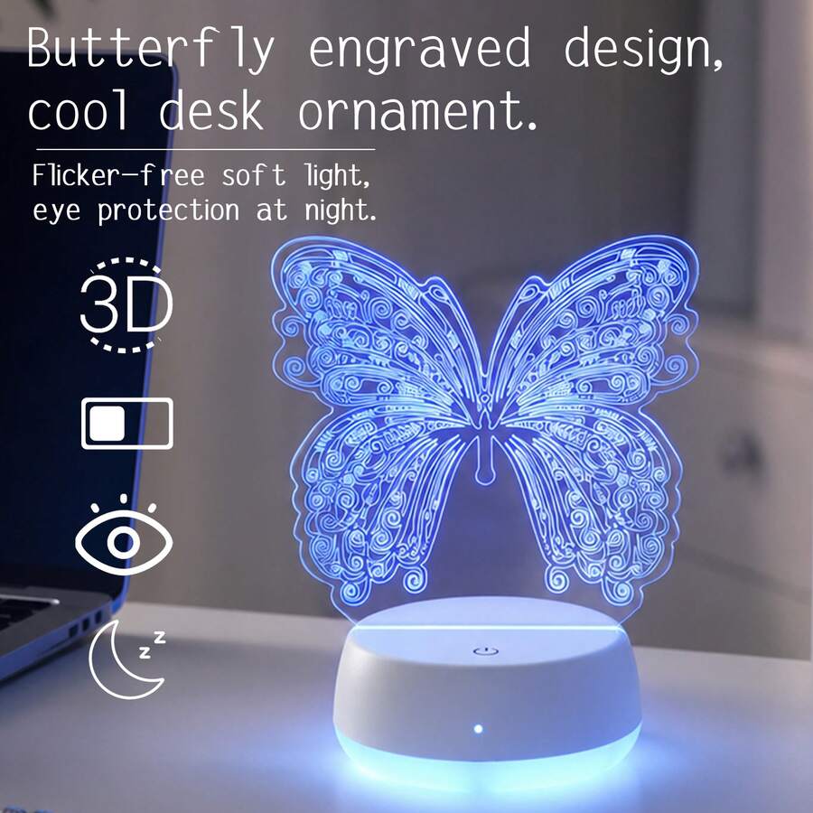 1件 3D蝴蝶壓克力小夜燈,RGB觸控LED檯燈,USB通用插電裝飾燈,護眼3D視覺氛圍燈,適用於臥室、兒童房、客廳,日常禮物,精美禮品 - 白色 - 查看 1