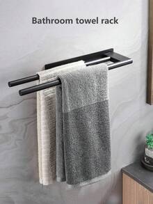 Modern Minimalist No-Drill Double Bar Towel Rack, Matte Black Self-Adhesive Towel Rack, Corrosion-Resistant Waterproof Bathroom Hardware, Suitable For Bathroom, Kitchen Cabinet Towel Storage - View 2