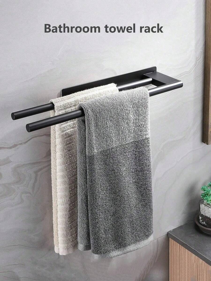 Modern Minimalist No-Drill Double Bar Towel Rack, Matte Black Self-Adhesive Towel Rack, Corrosion-Resistant Waterproof Bathroom Hardware, Suitable For Bathroom, Kitchen Cabinet Towel Storage