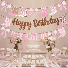 3pcs Brown Western Cowboy Theme Birthday Banner, Paper Glitter Cowboy Boots & Hat Hanging Decoration, Includes Cowboy Boots And Bows, Suitable For Cowboy Theme Birthday Party, Wedding, Holiday Decor, Gender Reveal Party, Party Decoration Supplies - Birthday - View 6