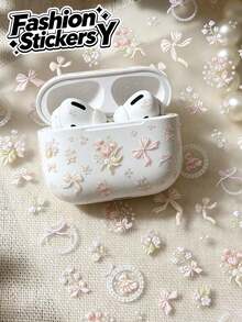 1pc Gentle Embroidery Floral Bow Decor Sticker, Light Pink With Flower Bud Lace Circle Teddy Bear Self-Adhesive Sticker, Suitable For Office Supplies, Earphone Case, Instant Camera, Storage Box And Other Decorations, Cream Ballet Gentle Style Decor Sticker - 1pc YT6272 - View 1