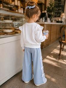 Girls' Sweet Bow Sweatshirt Set, Sequin Large Bow Crew Neck Top + Side Bow Wide Leg Pants 2pcs Set, Fresh And Cute Children's Outfit - Multicolor - View 3