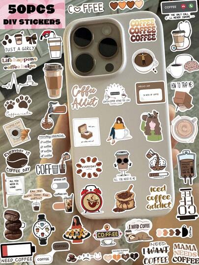 50PCS,Arabic-Style Coffee Mobile Phone Stickers,PVC Material,Creative And Aesthetic Design Sticker,Suitable For Mobile Phone Cases, Tablets, Laptops, Suitcases, Cars, Notebooks, Handwritten Diaries And More. School Supplies