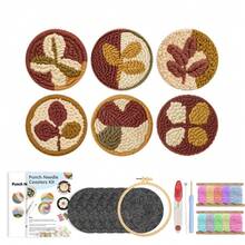6pcs Adult Beginner Punch Needle Coaster Material Kit | Landscape Pattern Punch Embroidery Set, Includes Yarn, Embroidery Hoop, Needle Threader, Felt Fabric, Tutorial; DIY Coaster Handmade Material, Suitable For Home Decor, Gift Making - One Size Fits All - View 6