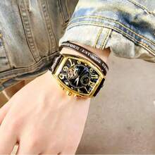 European And American Style Barrel-Shaped Large Dial Mechanical Watch Men's Fashion Simple Personalized Hollow Out Fashion Watch Men's Watch - Black - View 2