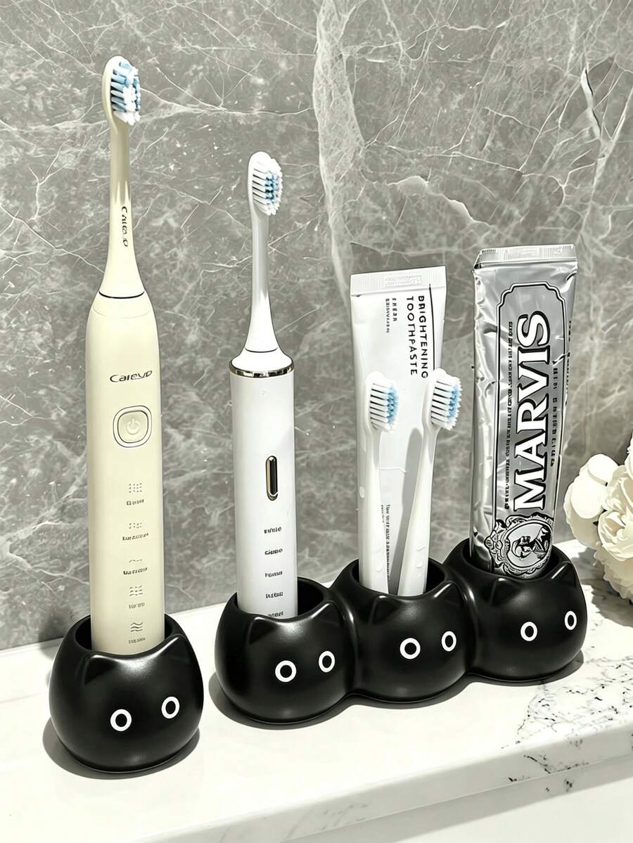 1pc Matte Cute Black Cat Shaped Toothbrush Holder, Single/Triple Hole Bathroom Accessory Rack, Electric Toothbrush & Toothpaste Storage Organizer, Cute Cartoon Cat Vanity Decor, Suitable For Shower Room Sink, Bathroom Toothbrush Holder, Bathroom Accessory Set, Home Decor, Bathroom Decor, Autumn Decor, Back To School Storage - Black - View 1