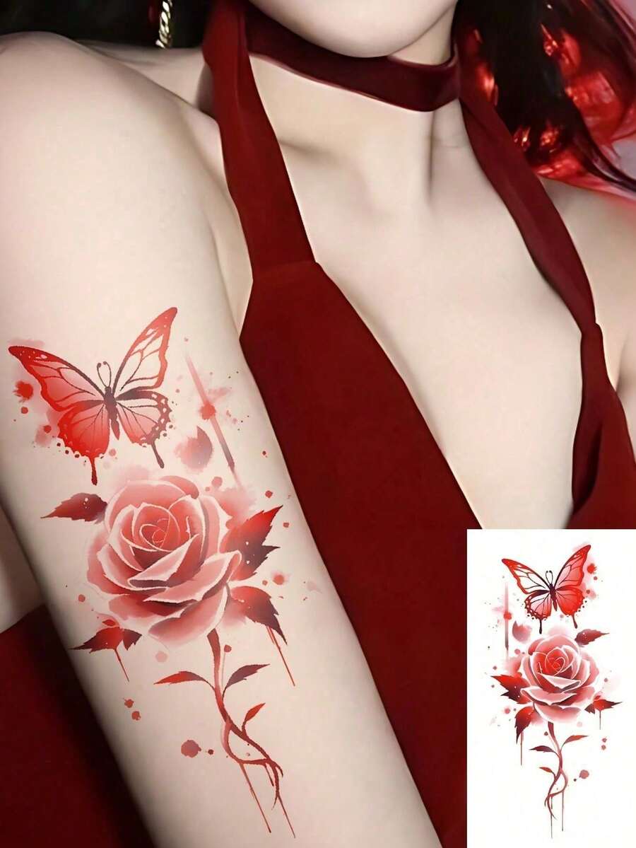 1 Sheet Red Flower And Butterfly Patterns Body Art Temporary Tattoo Sticker, Suitable For Men And Women, Lasting 2-5 Days, Suitable For Use On Arms, Wrists, Shoulders, Legs, Neck, Hands, Chest, Thighs, Fingers, Ankles, Suitable For Parties, Gifts - Red - View 1