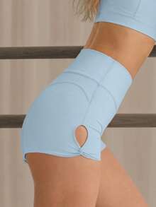 Women's Light Blue High Waist Side Slit Twist Knot Fitness Running Yoga Shorts, Side Hollow Cross V Waist Anti-Roll Up Fitness Riding Sports Summer - Baby Blue - View 4