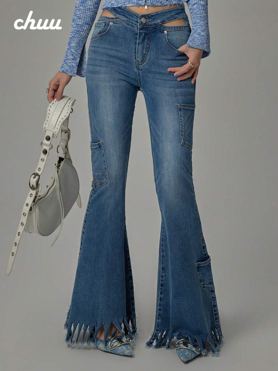 Chuu Celana Jeans Model Flare dengan Banyak Saku dan Rumbai untuk Musim Gugur - Biru - View 1