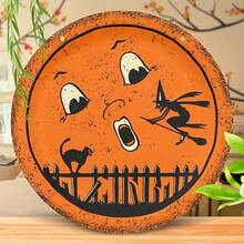 Vintage Halloween Moon And Black Cat Round Wooden Sign - Rustic Style Orange Wall Art With Witch And Cat Silhouette - View 6