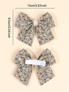 2pcs Green Floral Print Girls Bow Pearl Cluster Decor Alligator Hair Clips, Soft Vintage Daily Hair Accessories For Kids - Multicolor - View 6