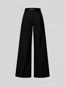 Mid-Waist Solid Color Elegant Straight Leg Pants, Black, Spring Style (Belt Not Included) - Black - View 2