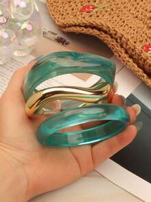 3pcs Bold Asymmetric Green Acrylic Bracelets, Suitable For Women, Decorated With Gold CCB Round Accents, Perfect For Casual Daily Wear - Baby Blue - View 2