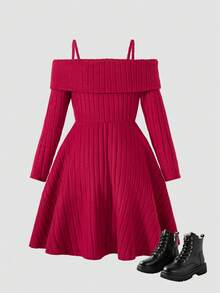 Tween Girls School Dress Autumn New Back To School Dress Fashion Versatile Red Ribbed Off-Shoulder Strap Beaded Decor Design Patchwork Casual A-Line Dress Elegant Vintage Princess Dress Suitable For Outdoor Wear - Red - View 3