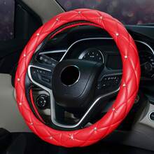 1pc Artificial Sheep Skin Soft Leather Rhinestone Blingbling Car Steering Wheel Cover, Fits 14.5-15 Inch Round Steering Wheel, Car Interior Accessory, Unisex, Black - A - View 10