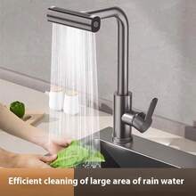Keran Air Panas dan Dingin Dapur Warna Abu-abu Gelap dengan 4 Mode, Keran Wastafel Air Terjun Lubang Tunggal, Pemasangan di Meja, Keran Wastafel Universal yang Dapat Berputar 360° - Grey - View 1