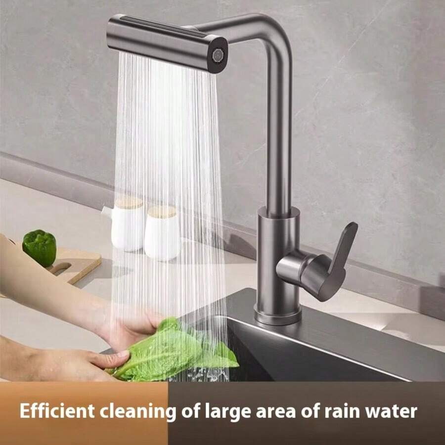 Keran Air Panas dan Dingin Dapur Warna Abu-abu Gelap dengan 4 Mode, Keran Wastafel Air Terjun Lubang Tunggal, Pemasangan di Meja, Keran Wastafel Universal yang Dapat Berputar 360° - Grey - View 1